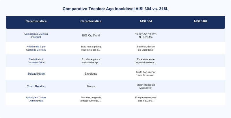 Diagrama técnico: Aço Inoxidável AISI 304 vs. 316L: Escolha para Equipamentos Alimentícios