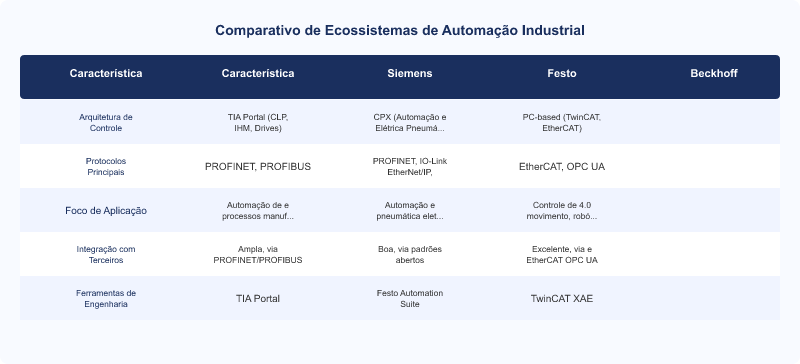 Diagrama técnico: Integração e Ecossistemas de Automação Industrial: Siemens, Festo e Beckhoff