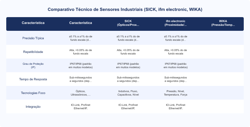 Comparativo de Sensores Industriais: SICK, ifm electronic e WIKA em Precisão e Fiabilidade
