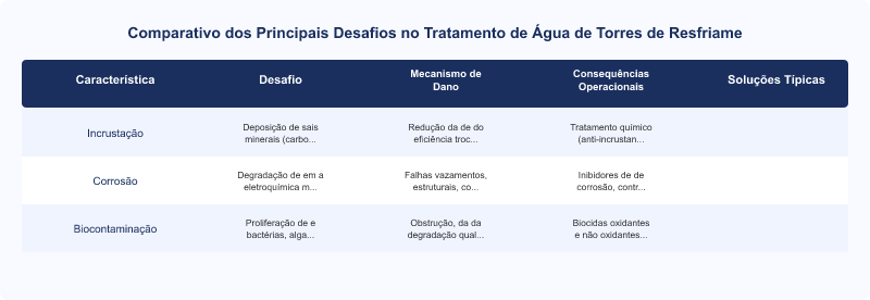 Diagrama técnico: Desafios no Tratamento de Água para Torres de Resfriamento: Escala, Corrosão e Biocontaminação